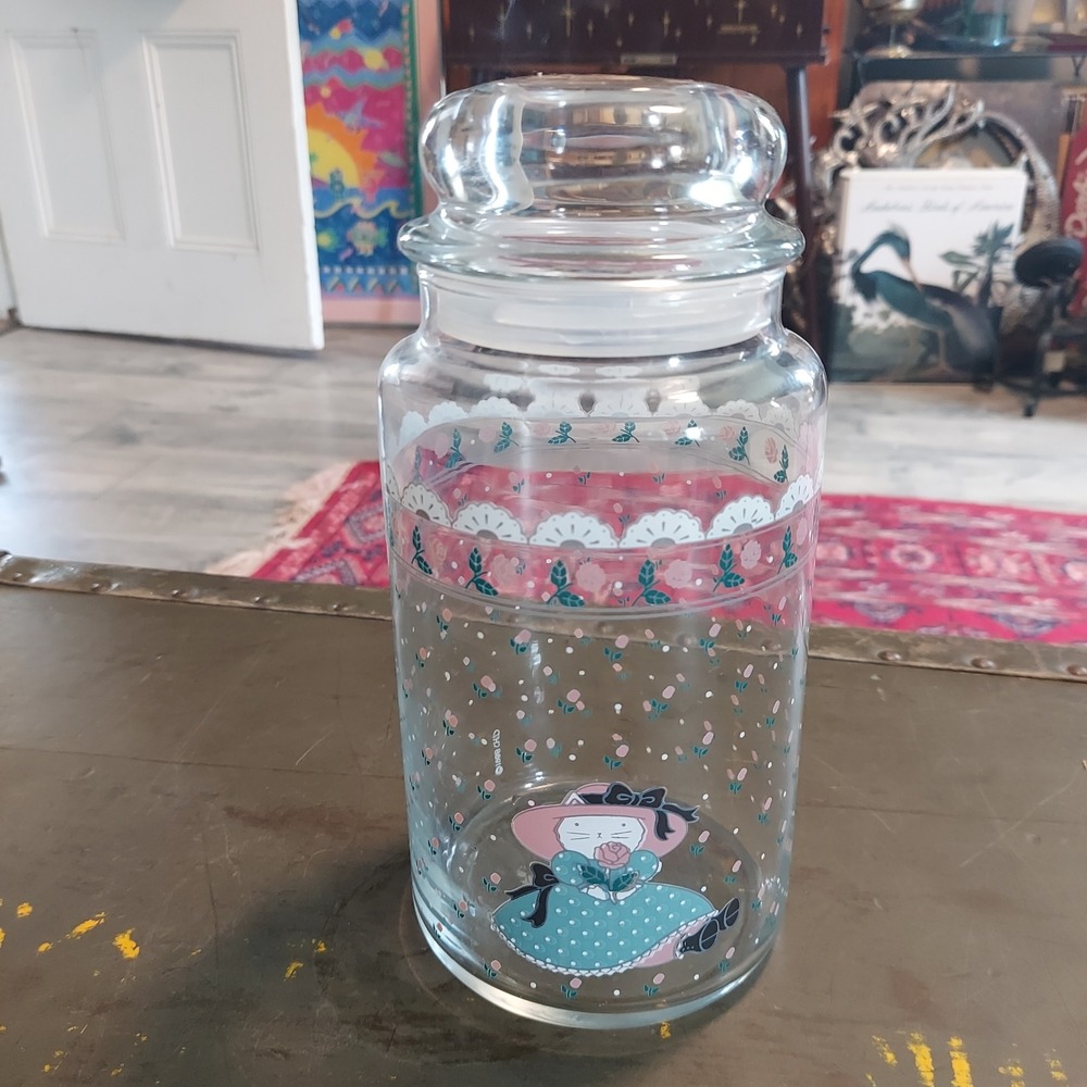 Vintage 1988 CHD Victorian Cat Glass Apothecary Jar Rose Floral Canister 8.5x4"